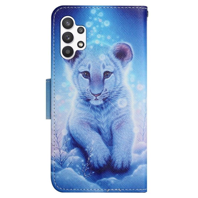 Capa Flip Para Samsung Galaxy A13 Tigre Branco Com Cordão