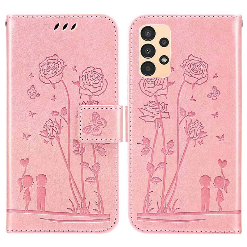 Capa Folio Para Samsung Galaxy A13 De Cordão Rosas Românticas Com Alça