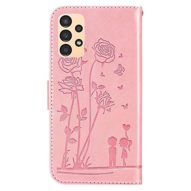 Capa Folio Para Samsung Galaxy A13 De Cordão Rosas Românticas Com Alça