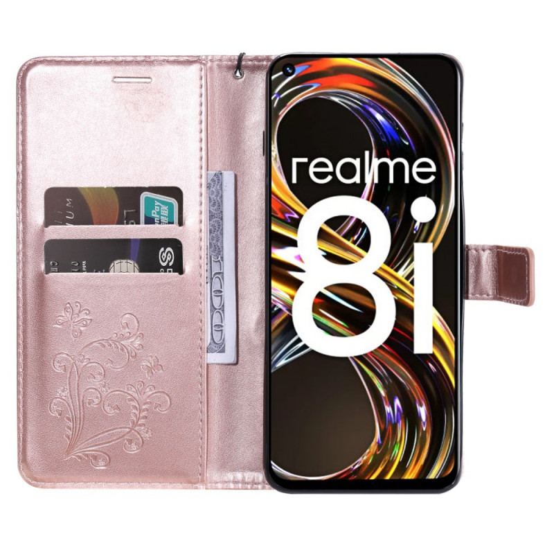 Capa De Couro Para Realme 8i De Cordão Borboletas Gigantes