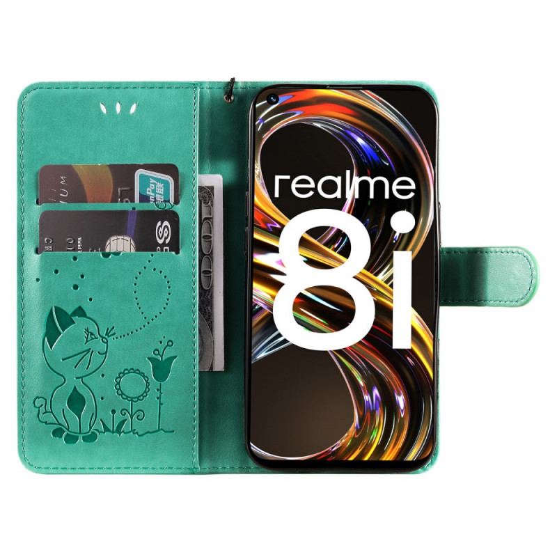 Capa Flip Para Realme 8i De Cordão Gato E Abelha Com Cordão