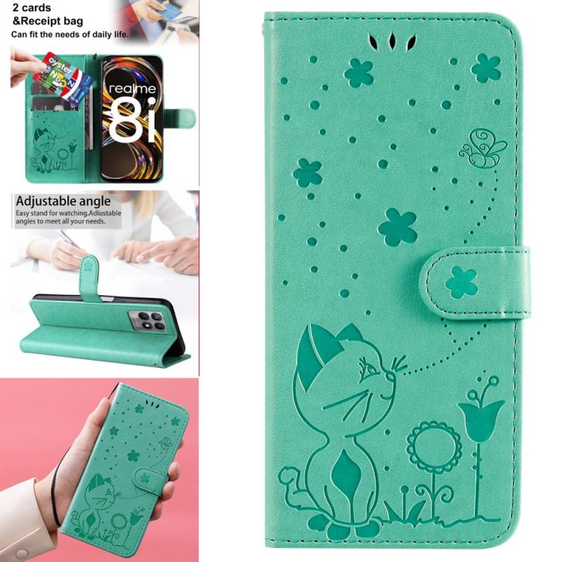 Capa Flip Para Realme 8i De Cordão Gato E Abelha Com Cordão