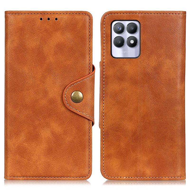 Capa Flip Para Realme 8i Couro Sintético Vintage E Botão