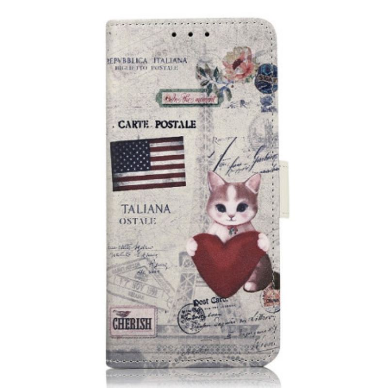 Capa De Couro Para Motorola Edge 40 Pro Gato Viajante