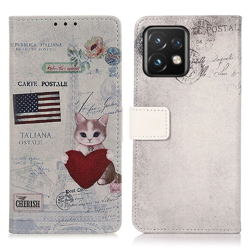 Capa De Couro Para Motorola Edge 40 Pro Gato Viajante