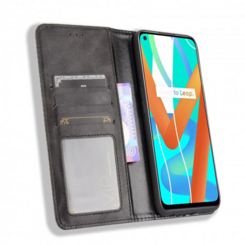 Capa De Celular Para Realme 8 5G Flip Efeito Couro Vintage Estilizado