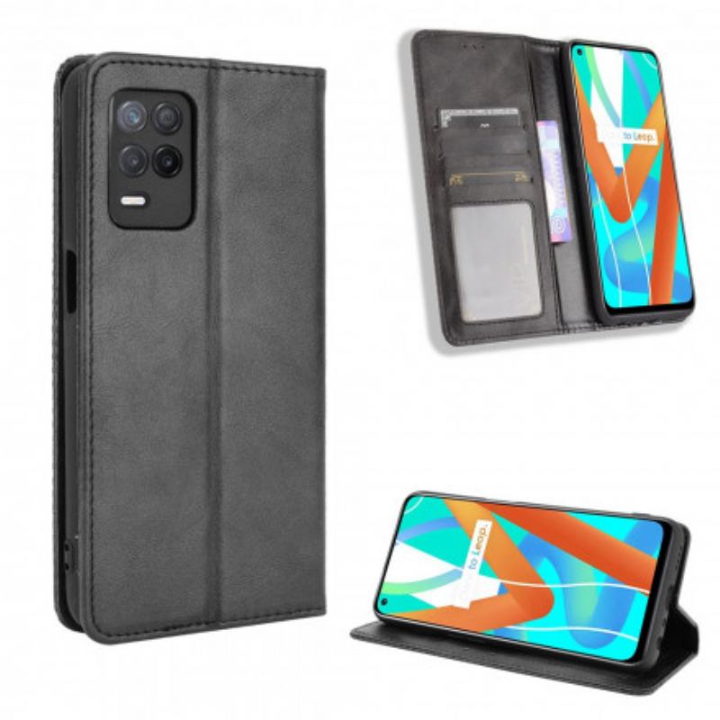 Capa De Celular Para Realme 8 5G Flip Efeito Couro Vintage Estilizado