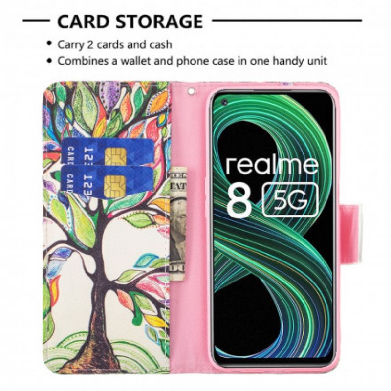 Capa De Couro Para Realme 8 5G Árvore Colorida