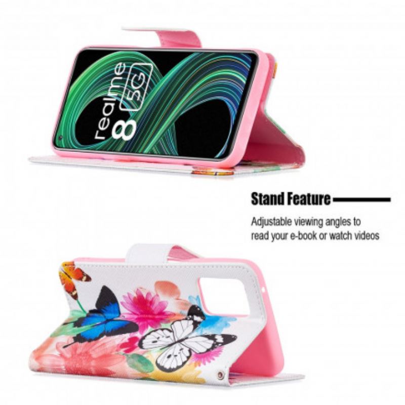 Capa Flip Para Realme 8 5G Borboletas E Flores Pintadas