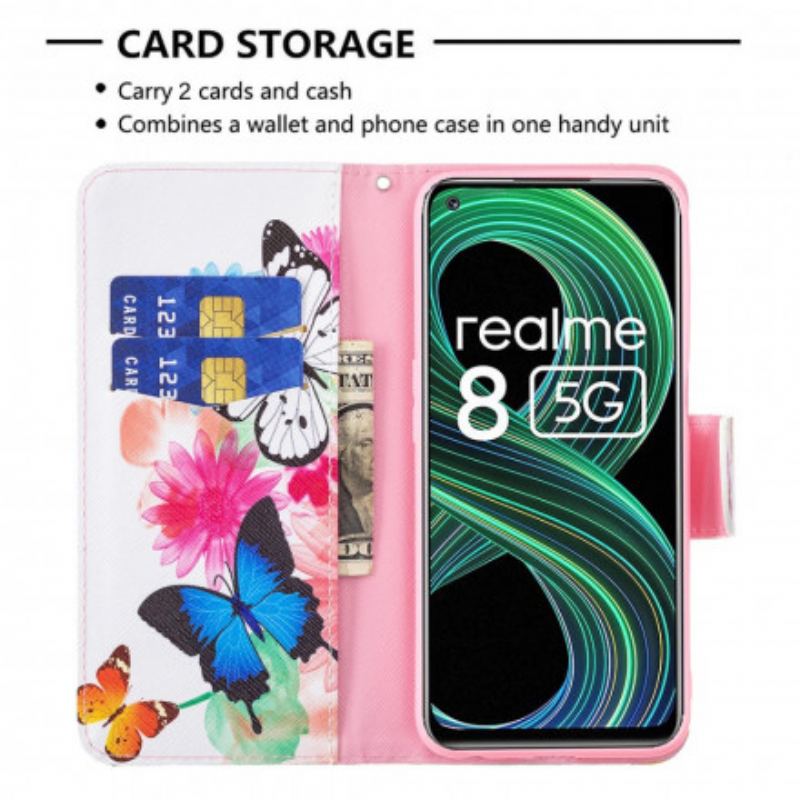 Capa Flip Para Realme 8 5G Borboletas E Flores Pintadas