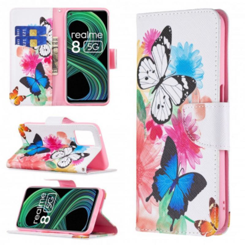 Capa Flip Para Realme 8 5G Borboletas E Flores Pintadas