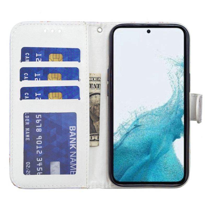 Capa De Couro Para Samsung Galaxy A34 5G De Cordão Borboletas Douradas Com Alça