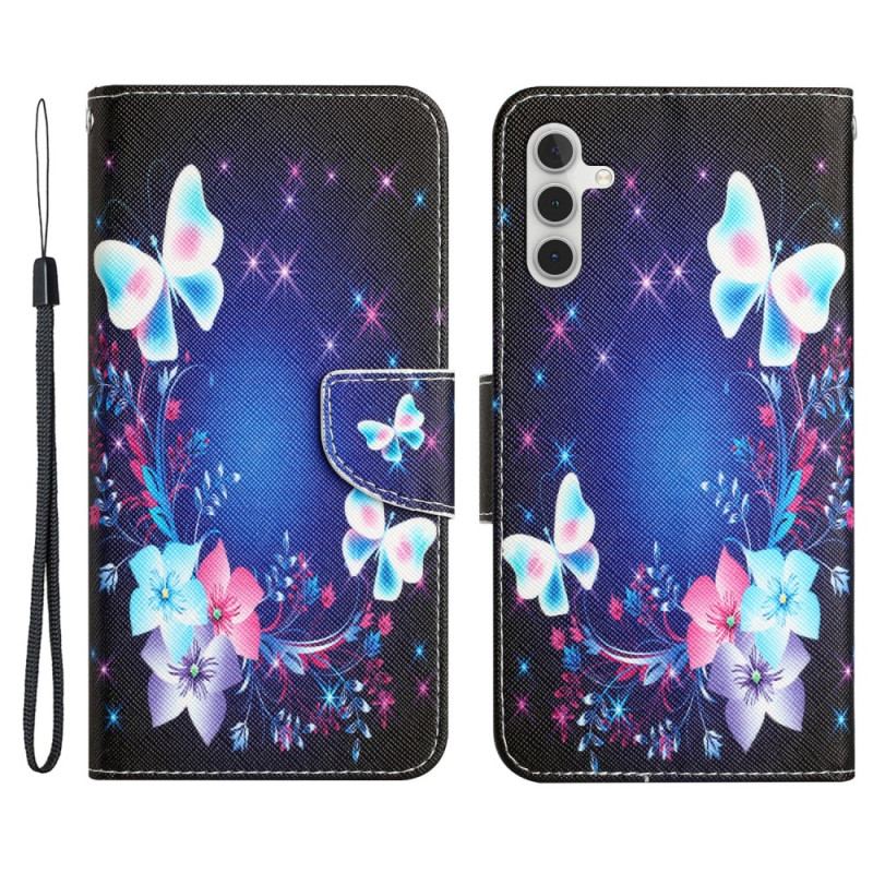 Capa De Couro Para Samsung Galaxy A34 5G De Cordão Borboletas De Fada Com Cordão