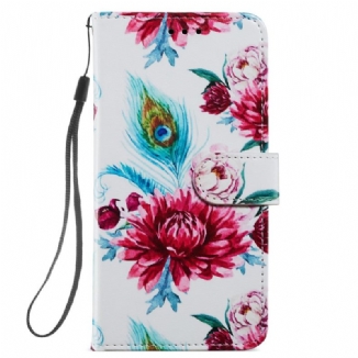 Capa De Couro Para Samsung Galaxy A34 5G De Cordão Fantasia Floral Com Tiras