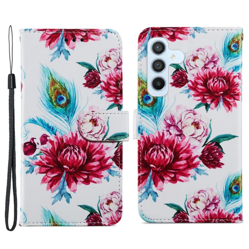 Capa De Couro Para Samsung Galaxy A34 5G De Cordão Fantasia Floral Com Tiras