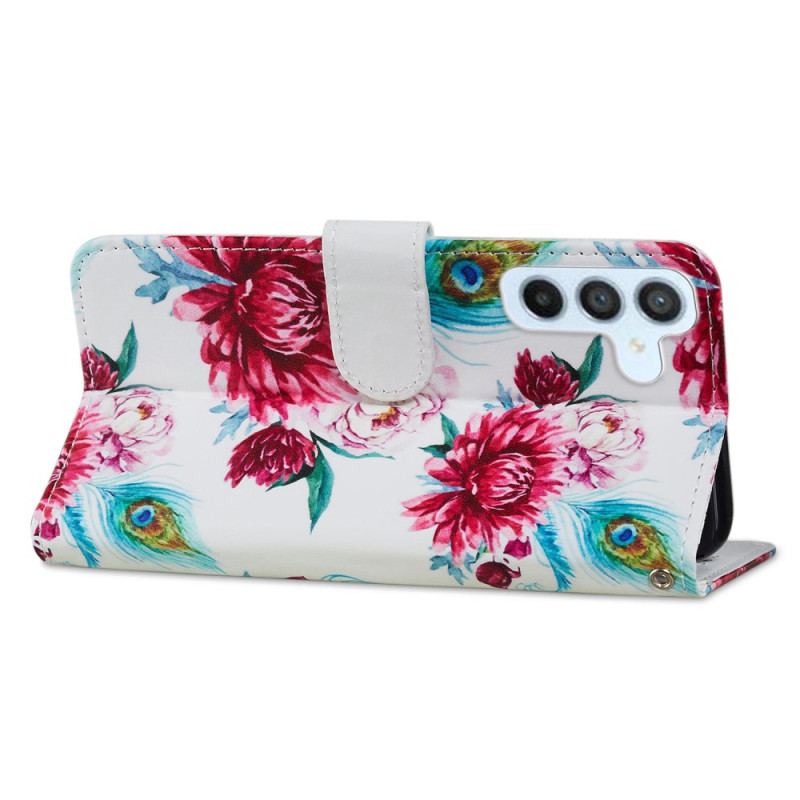 Capa De Couro Para Samsung Galaxy A34 5G De Cordão Fantasia Floral Com Tiras