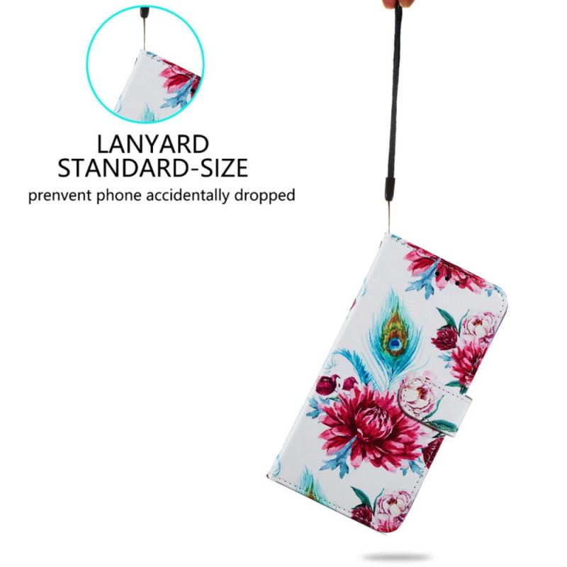 Capa De Couro Para Samsung Galaxy A34 5G De Cordão Fantasia Floral Com Tiras