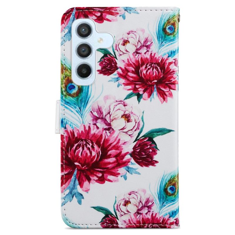 Capa De Couro Para Samsung Galaxy A34 5G De Cordão Fantasia Floral Com Tiras