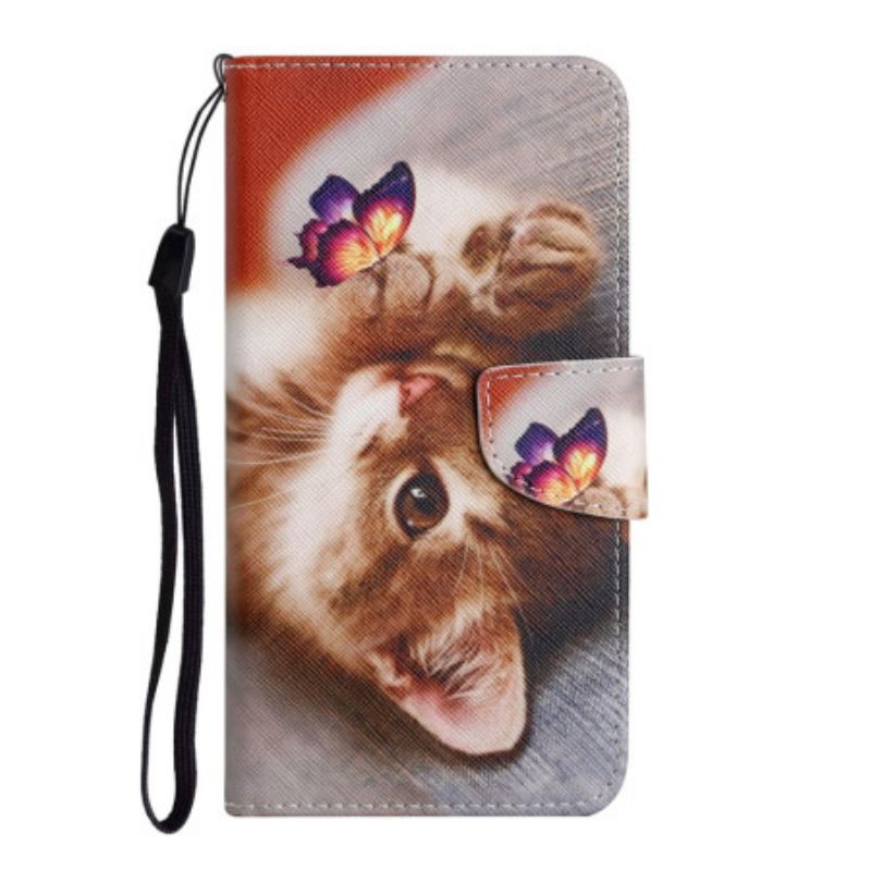 Capa De Couro Para Samsung Galaxy A34 5G De Cordão Lindo Gatinho Com Alça