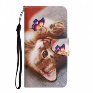 Capa De Couro Para Samsung Galaxy A34 5G De Cordão Lindo Gatinho Com Alça