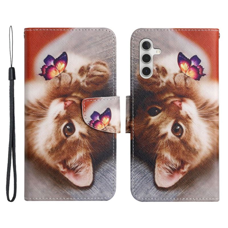 Capa De Couro Para Samsung Galaxy A34 5G De Cordão Lindo Gatinho Com Alça