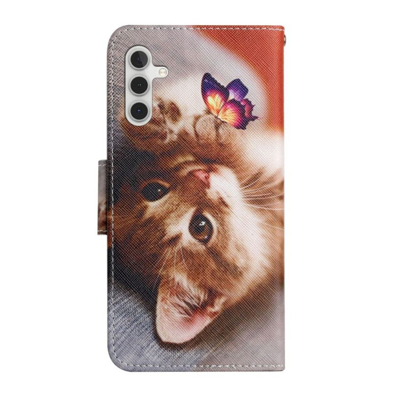 Capa De Couro Para Samsung Galaxy A34 5G De Cordão Lindo Gatinho Com Alça