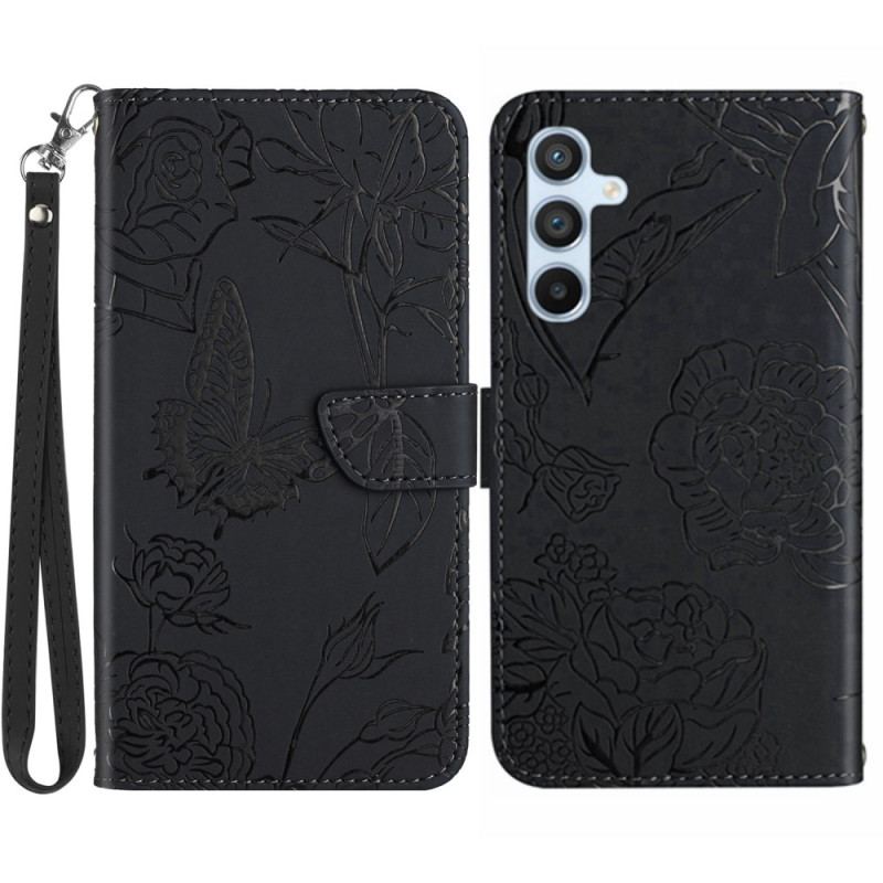 Capa Em Pele Para Samsung Galaxy A34 5G Borboleta Com Cordão