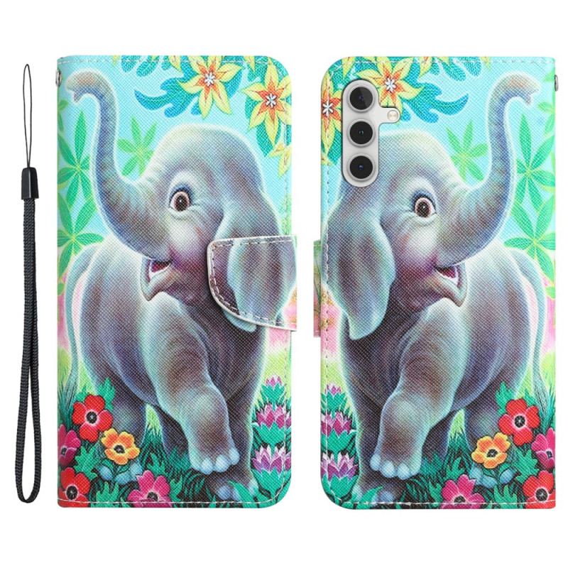 Capa Em Pele Para Samsung Galaxy A34 5G De Cordão Elefante Feliz Em Tanga