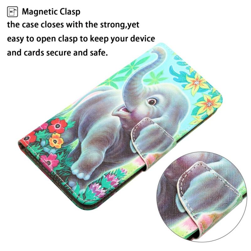 Capa Em Pele Para Samsung Galaxy A34 5G De Cordão Elefante Feliz Em Tanga