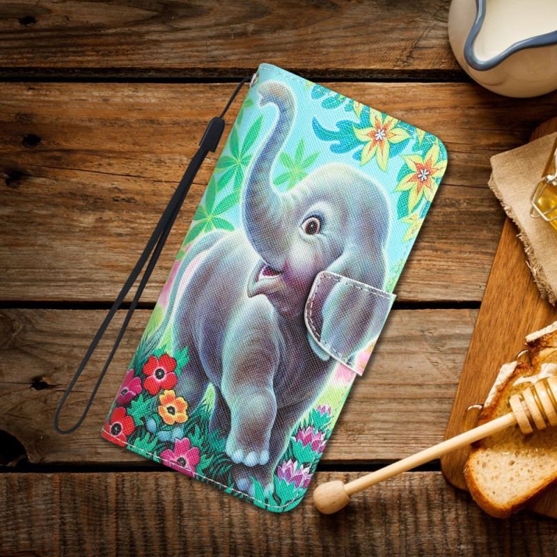 Capa Em Pele Para Samsung Galaxy A34 5G De Cordão Elefante Feliz Em Tanga