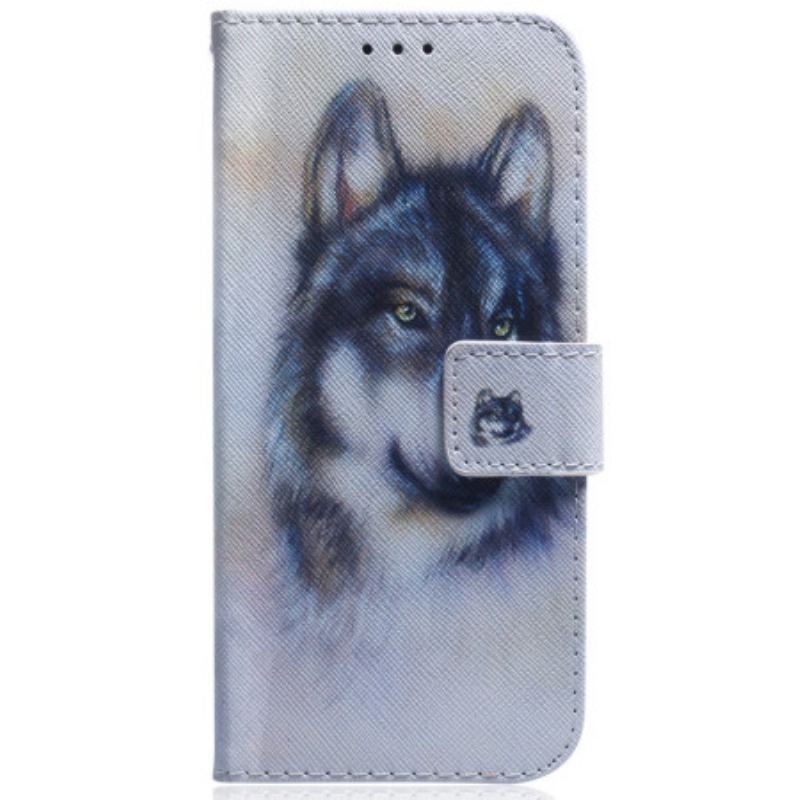 Capa Em Pele Para Samsung Galaxy A34 5G De Cordão Strappy Aquarela Lobo