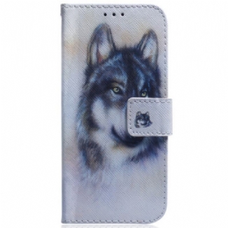 Capa Em Pele Para Samsung Galaxy A34 5G De Cordão Strappy Aquarela Lobo