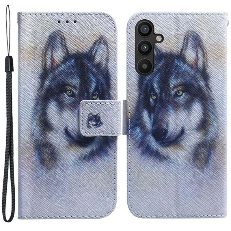 Capa Em Pele Para Samsung Galaxy A34 5G De Cordão Strappy Aquarela Lobo