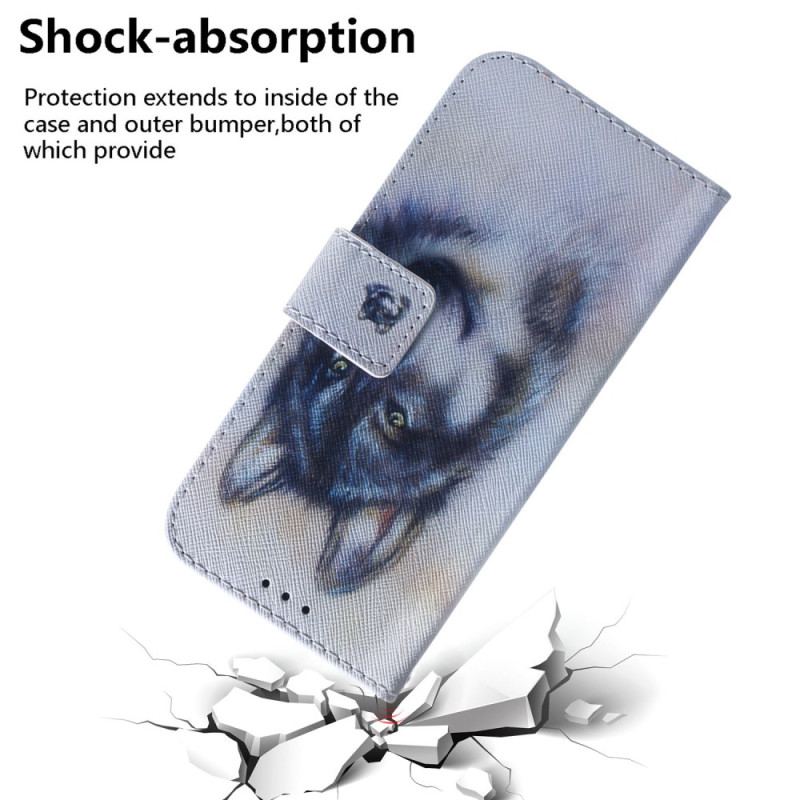 Capa Em Pele Para Samsung Galaxy A34 5G De Cordão Strappy Aquarela Lobo