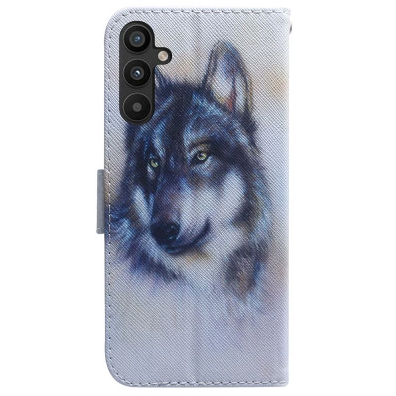 Capa Em Pele Para Samsung Galaxy A34 5G De Cordão Strappy Aquarela Lobo