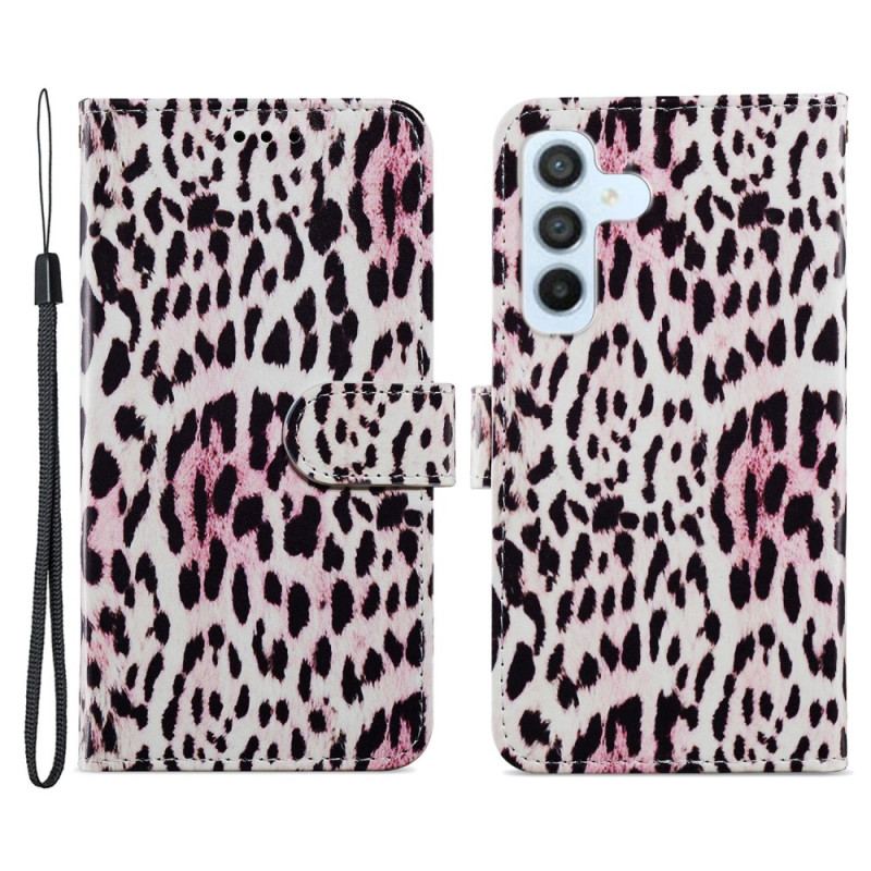 Capa Flip Para Samsung Galaxy A34 5G De Cordão Estampa De Leopardo Com Tiras