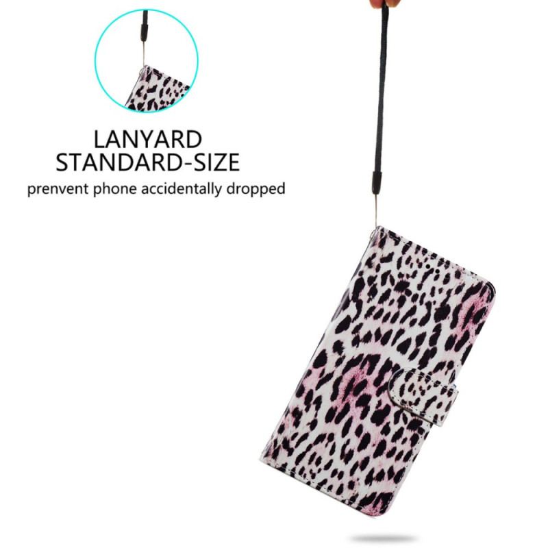 Capa Flip Para Samsung Galaxy A34 5G De Cordão Estampa De Leopardo Com Tiras