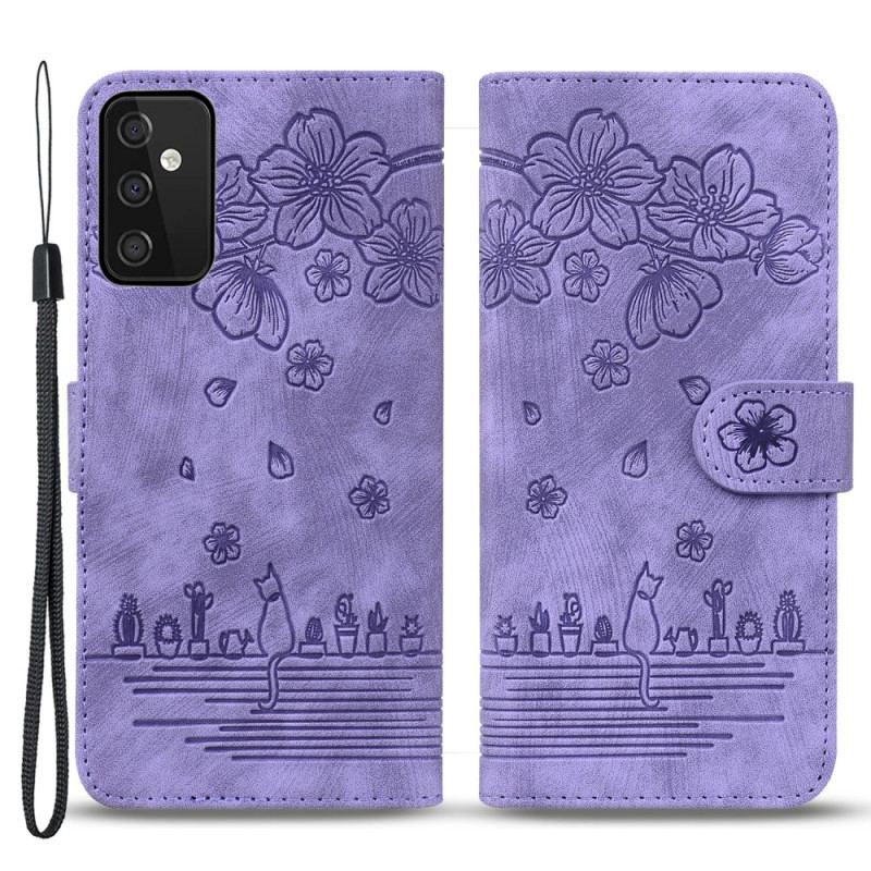 Capa Flip Para Samsung Galaxy A34 5G De Cordão Fio Dental Floral Gato