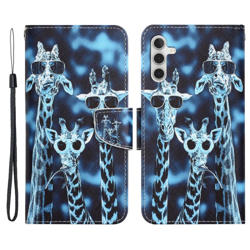 Capa Flip Para Samsung Galaxy A34 5G De Cordão Girafas Engraçadas Com Alça