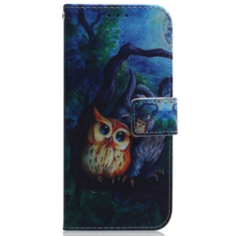 Capa Flip Para Samsung Galaxy A34 5G De Cordão Pintura De Corujas Strappy