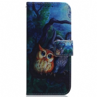 Capa Flip Para Samsung Galaxy A34 5G De Cordão Pintura De Corujas Strappy