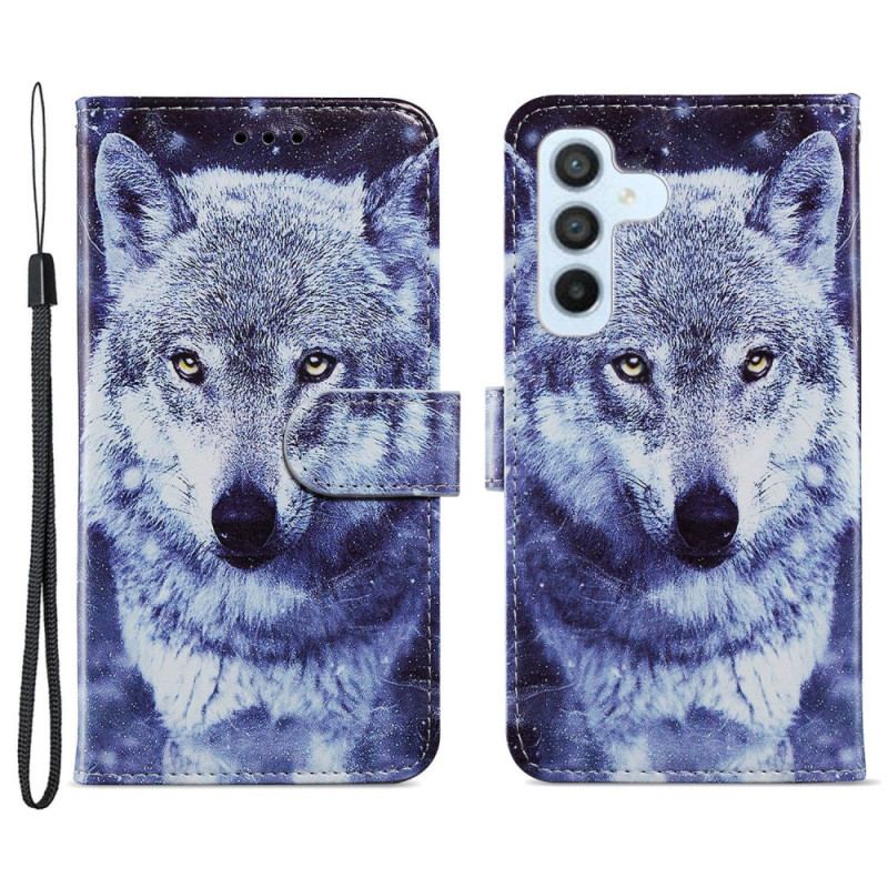 Capa Flip Para Samsung Galaxy A34 5G De Cordão Soberbo Lobo Em Strap