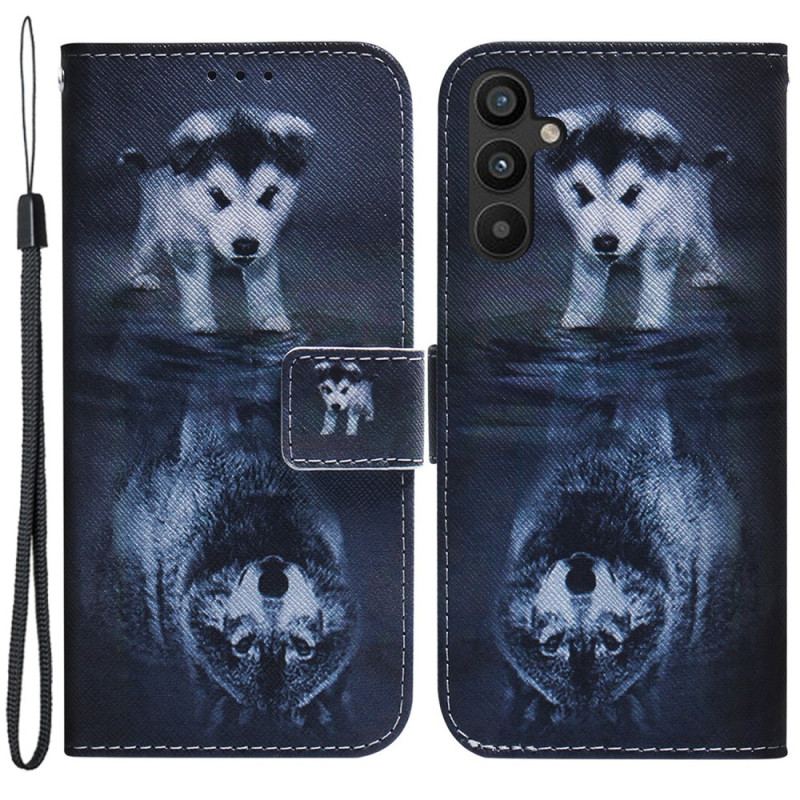 Capa Flip Para Samsung Galaxy A34 5G De Cordão Strappy Aquarela Lobo