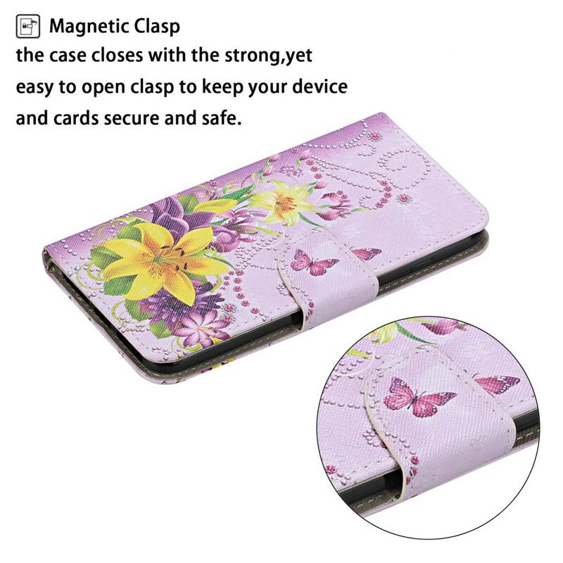 Capa De Couro Para Xiaomi Redmi 9C De Cordão Tanga Borboletas E Flores Do Sul