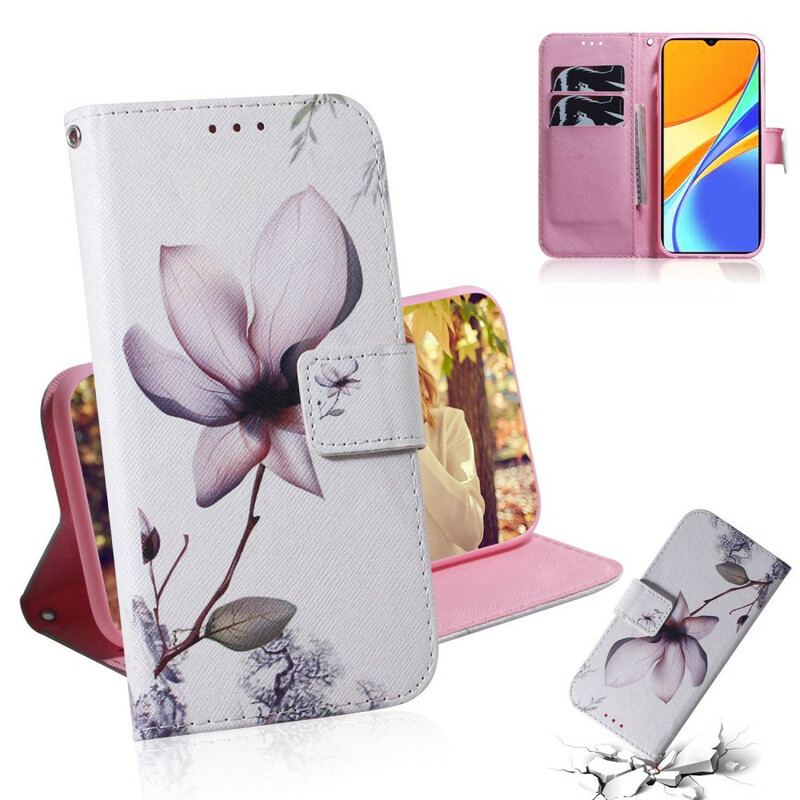 Capa Em Pele Para Xiaomi Redmi 9C Flor Rosa Empoeirado