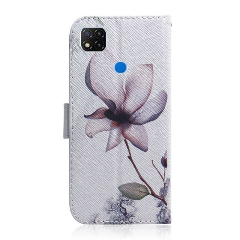 Capa Em Pele Para Xiaomi Redmi 9C Flor Rosa Empoeirado