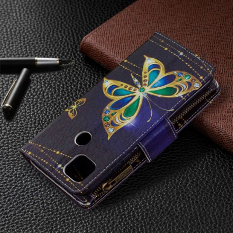 Capa Flip Para Xiaomi Redmi 9C Bolso Com Zíper De Borboletas