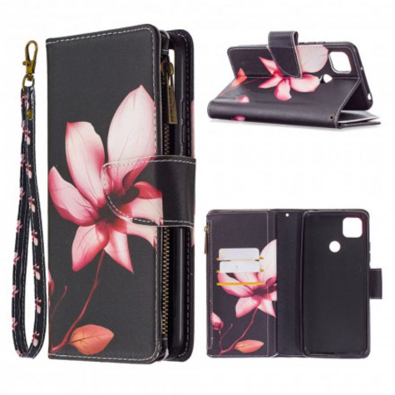 Capa Flip Para Xiaomi Redmi 9C Bolso Com Zíper Flor