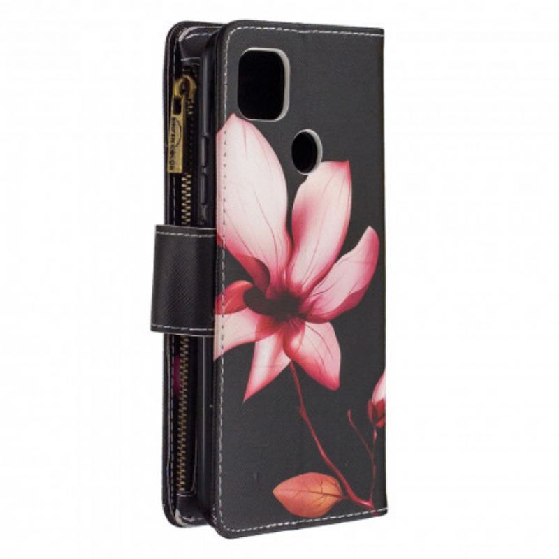 Capa Flip Para Xiaomi Redmi 9C Bolso Com Zíper Flor