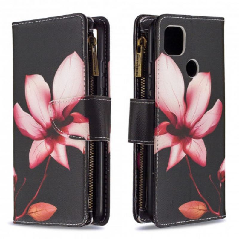 Capa Flip Para Xiaomi Redmi 9C Bolso Com Zíper Flor